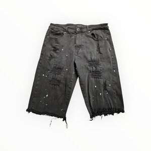 Bleecker & Mercer Shorts Mens 34 Black Distressed Paint Splatter Denim Frayed